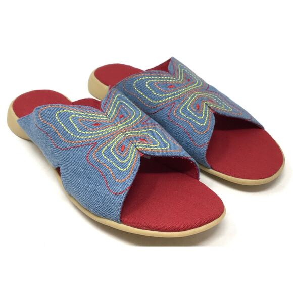 Vintage Embroidered Butterfly Sandals Women's Sz 8 Blue Denim Colorful Sandals - Picture 2 of 6